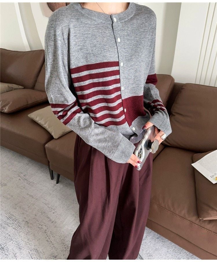 都市ファッショ デザイン オシャレ 切り替え ストライプ柄 ニットトップスE-9581