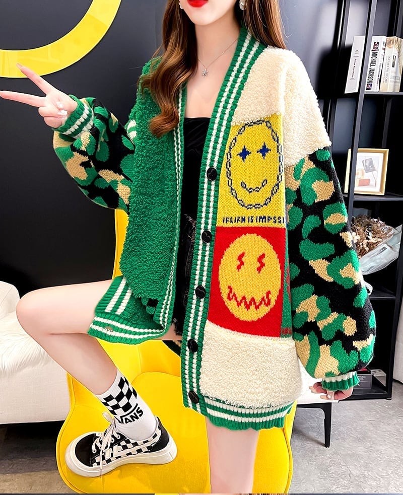 早い者勝ちスマイルマーク   ニットカーディガン三色ありE-4059