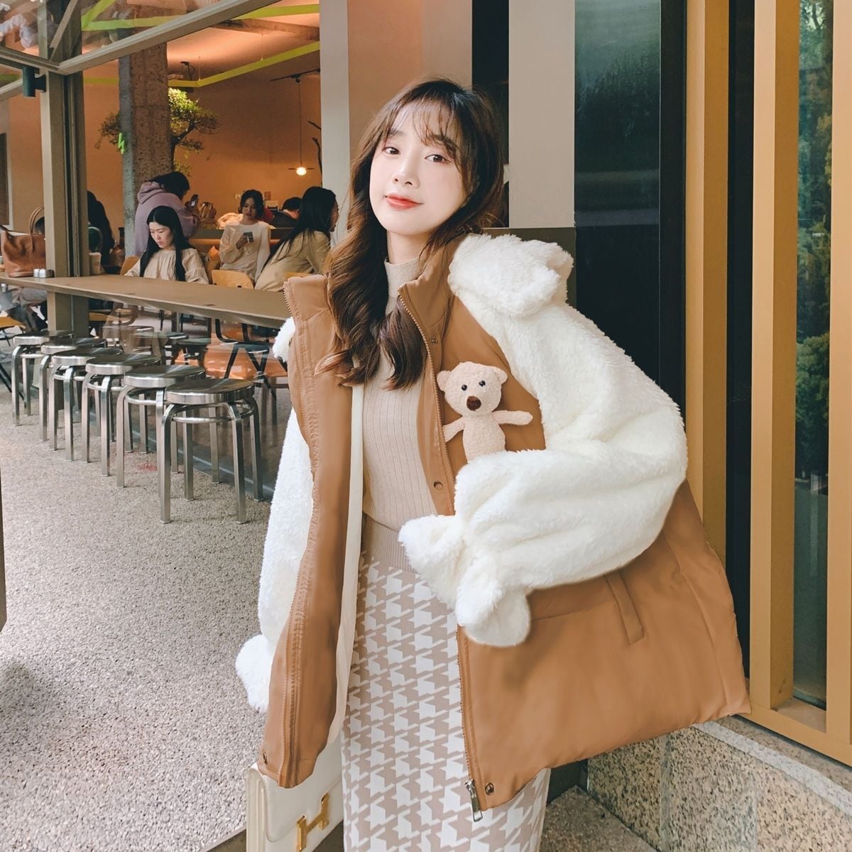 美人度アップもこもこボア厚手 3色 アニマルパーカー もこもこパーカーコートE-12384