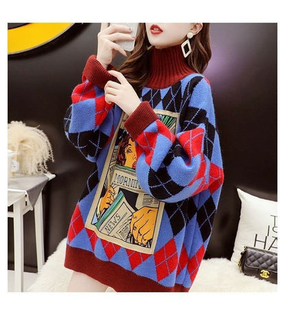 超人気配色チェック柄グラフィックロゴニットセーターハイネック3色ありE-4328