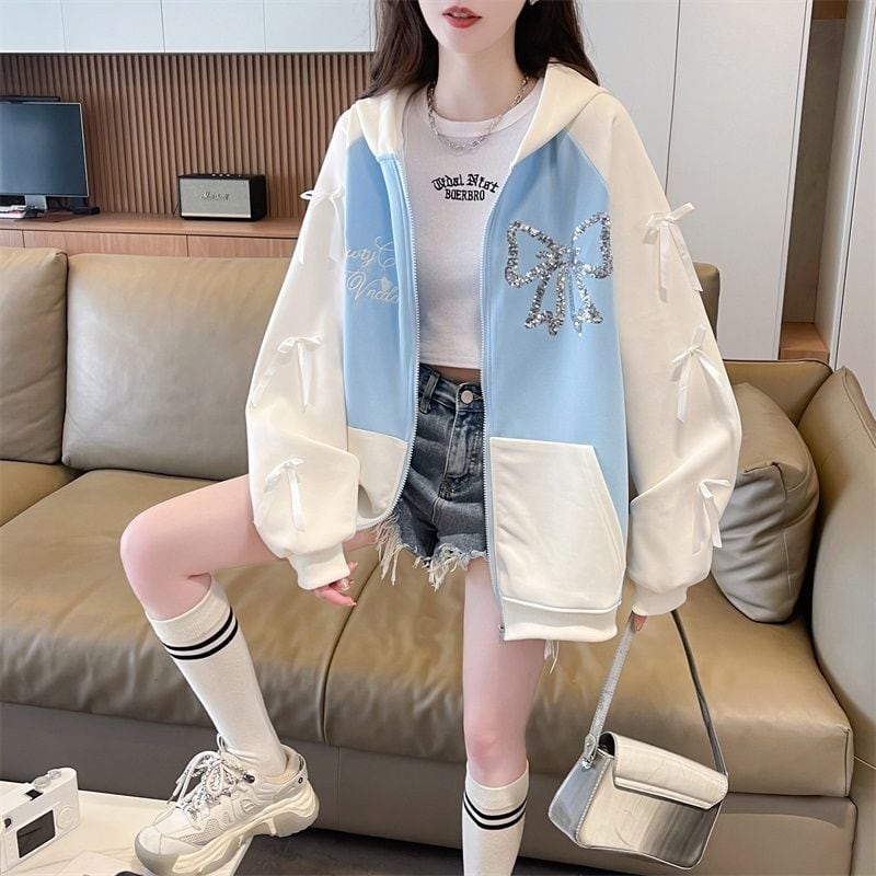 絶対流行 スウィート スタイルアップ スパンコール切り替え 2色選択 パーカー トレーナー レディース フード付き カーディガン E-9420