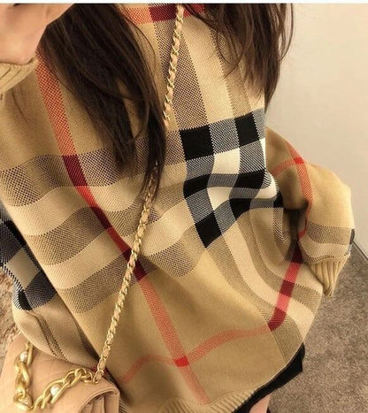 レトロ オシャレ度満点 ラウンドネック チェック柄 長袖  ニット セーターE-2530