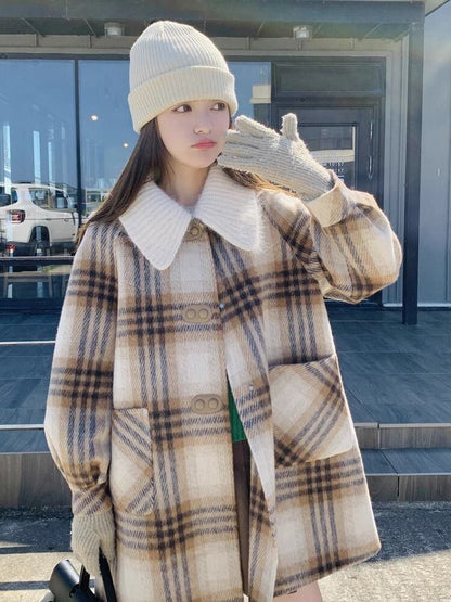 絶対欲しい チェック柄 高級感溢れる 2色選択 ミドルレングス コート E-9740