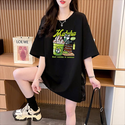 着回し力抜群 プリント 切り替え ロング Tシャツ ゆったり半袖 Tシャツ ＜ins-8498＞