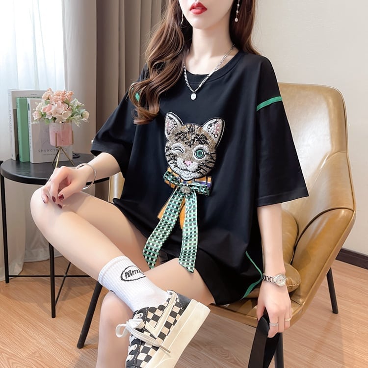 質感のいい 立体のリボン 猫刺繍 ロング Tシャツ ゆったり半袖 ＜ins-2919＞