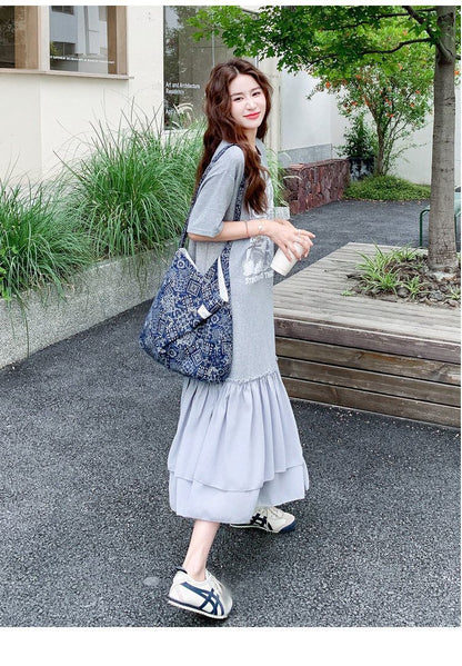 大人可愛い 切り替え プリント 半袖 ワンピース E-80101