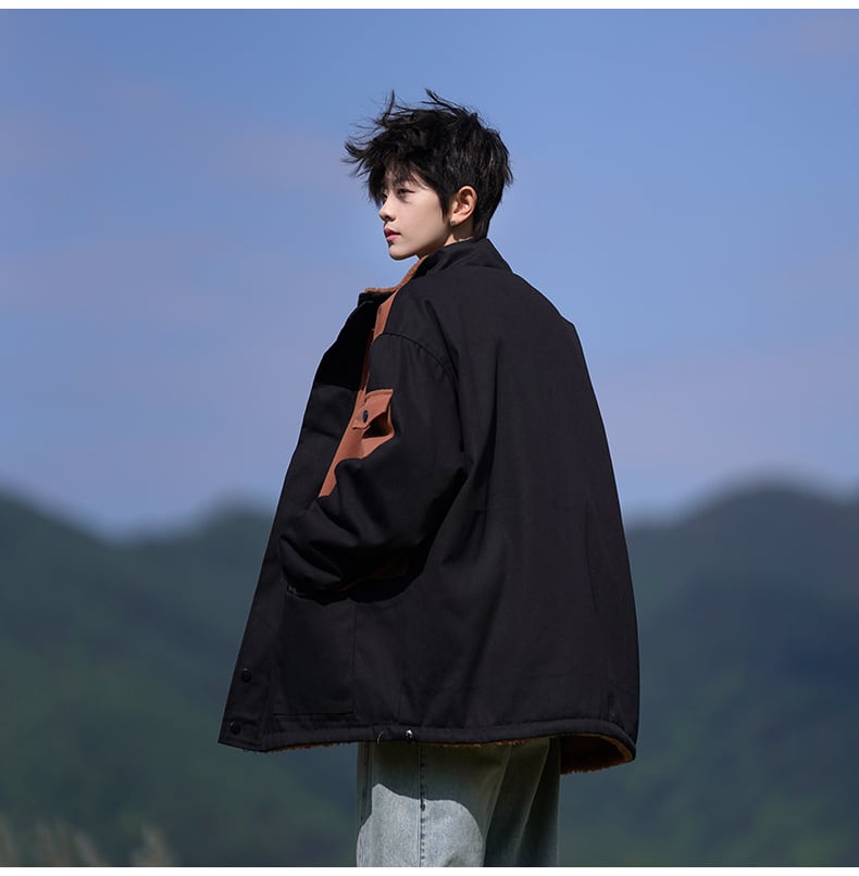 【裏起毛】質感のいい 配色切替 リバーシブル 裏ボア  オーバーサイズ ジャケットE-12581