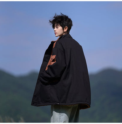 【裏起毛】質感のいい 配色切替 リバーシブル 裏ボア  オーバーサイズ ジャケットE-12581