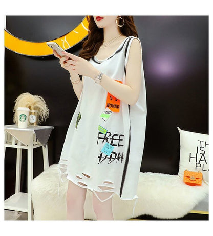 今季マストバイ ダメージ加工 デザイン性抜群 プリント全2色 ノースリーブ Tシャツ カットソーE-9141