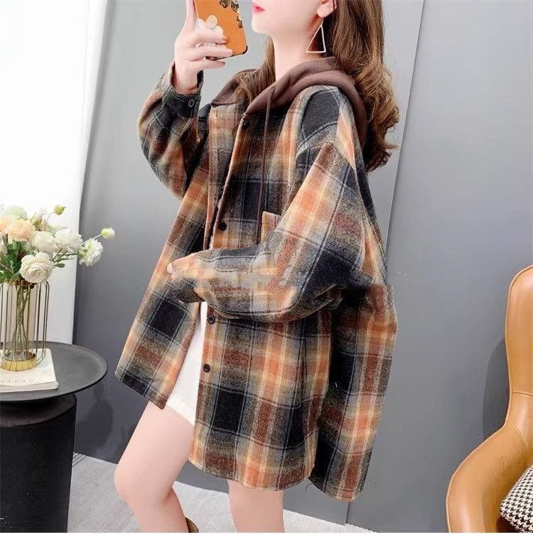 【裏起毛】好感度UP カジュアル 定番シンプル チェック柄 2色選択 プラスベルベット シャツ E-9685