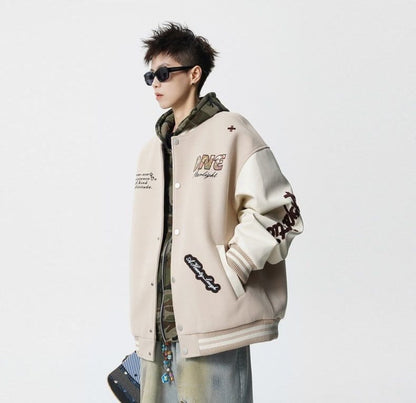 【中棉】人気爆発中 アメリカンレトロ 配色切り替え 刺繍ロゴ ユニセックス スタジャンE-12627