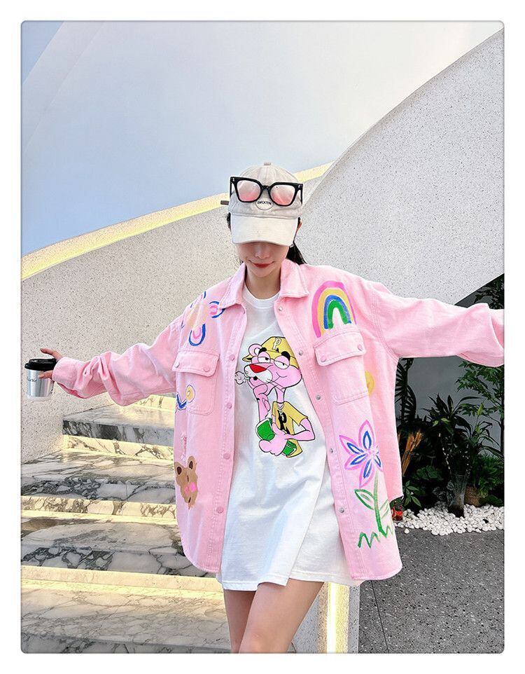 売り切れ必至 韓国風ファッション 上質 アバンギャルド プリント デニム Tシャツ E-9479