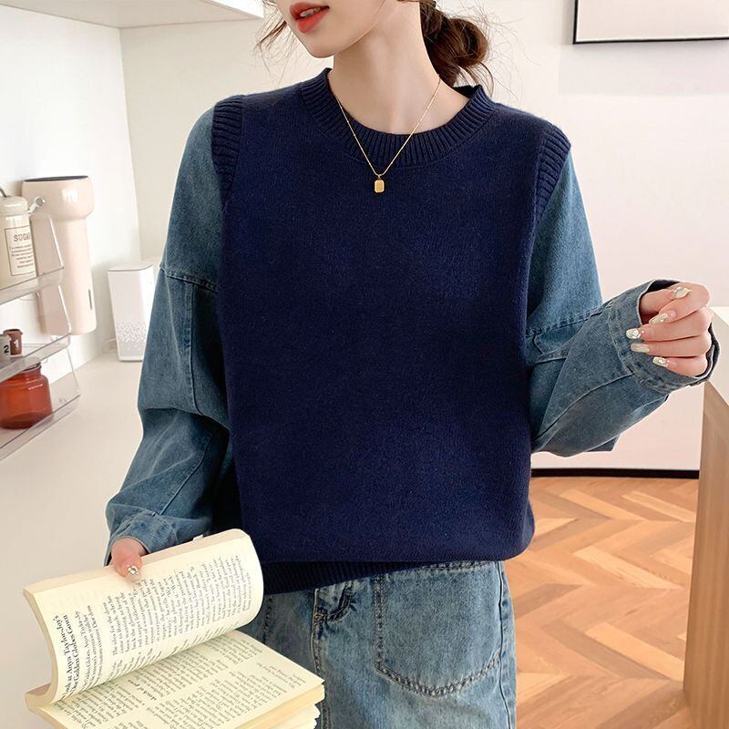 好感度UP レイヤード風 スタイルアップ デニム 切り替え 3色選択 ニットトップスE-9594