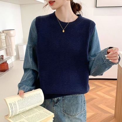 好感度UP レイヤード風 スタイルアップ デニム 切り替え 3色選択 ニットトップスE-9594