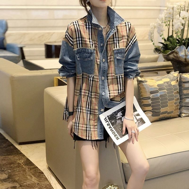 大好評 ファッション 売り切れ必至 チェック柄 切り替え デニム Tシャツ E-9220