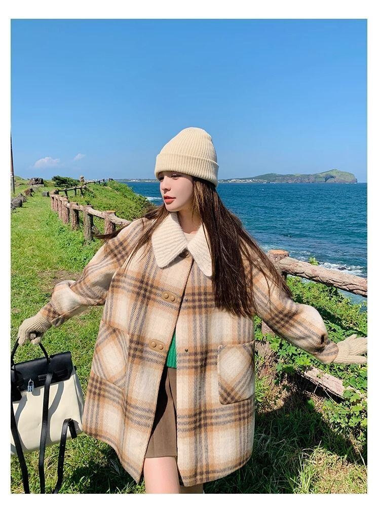 絶対欲しい チェック柄 高級感溢れる 2色選択 ミドルレングス コート E-9740