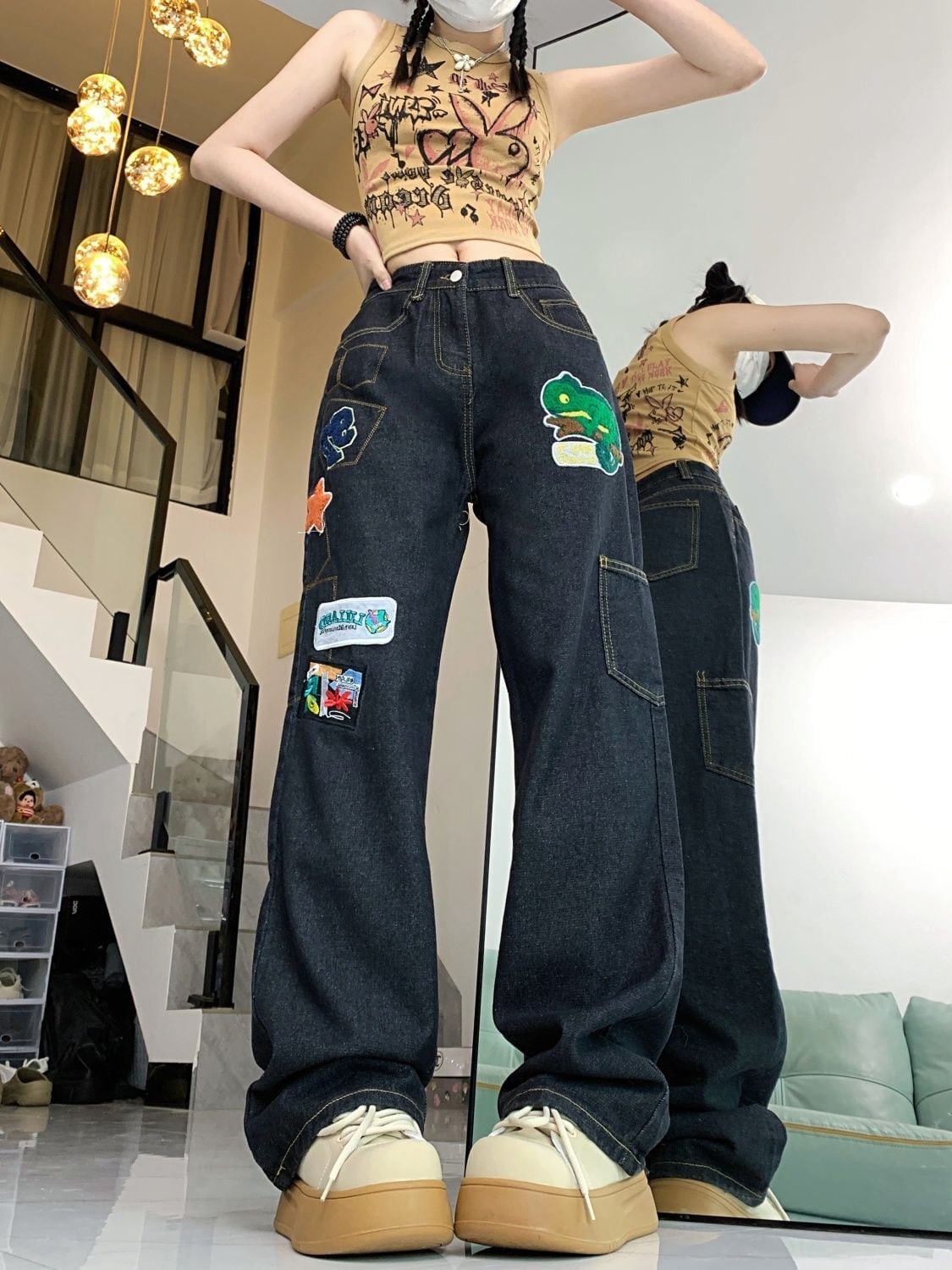 ファッション感満々 着回し力抜群 個性的なデザイン デニム ワイドパンツE-9769