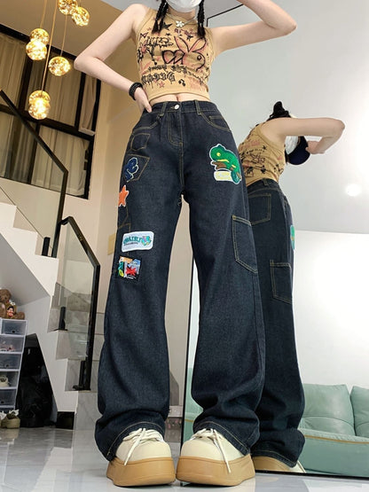 ファッション感満々 着回し力抜群 個性的なデザイン デニム ワイドパンツE-9769