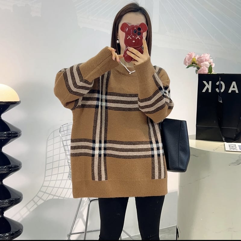 新作 着?せ厚手ゆったりニットセーター カーキ色トップスiEf-4597