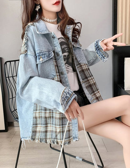 絶対流行 ファッション 活躍する優秀アイテム チェック柄 切り替え デニム Tシャツ E-9264