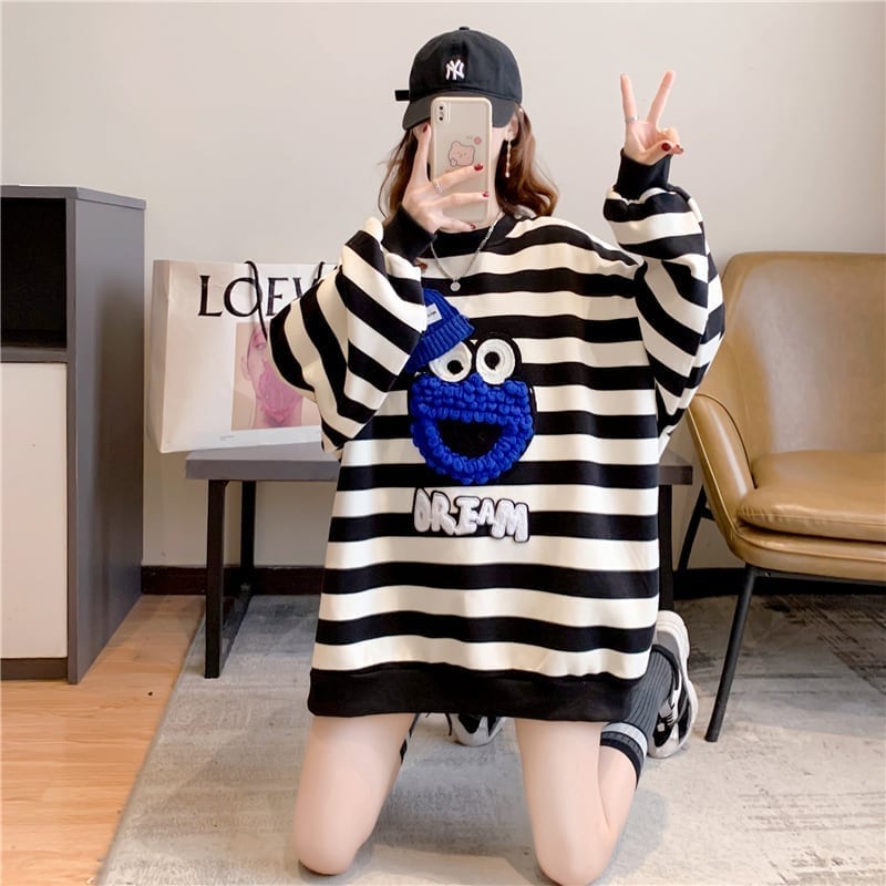 韓国系ストライプ柄  ぬいぐるみオーバーサイズ スウェットE-4105