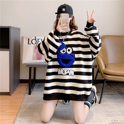 韓国系ストライプ柄  ぬいぐるみオーバーサイズ スウェットE-4105