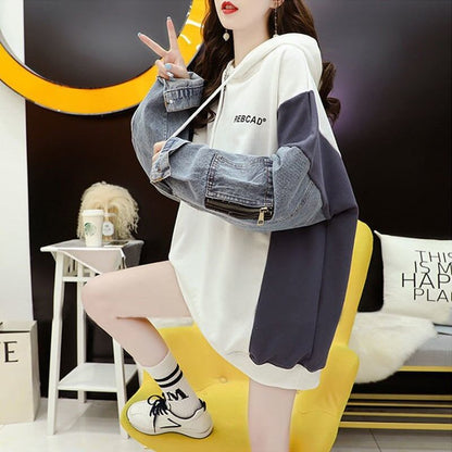 【人気急上昇中】売れ筋 切り替え デニム ゆったり フード付き パーカー E-2101