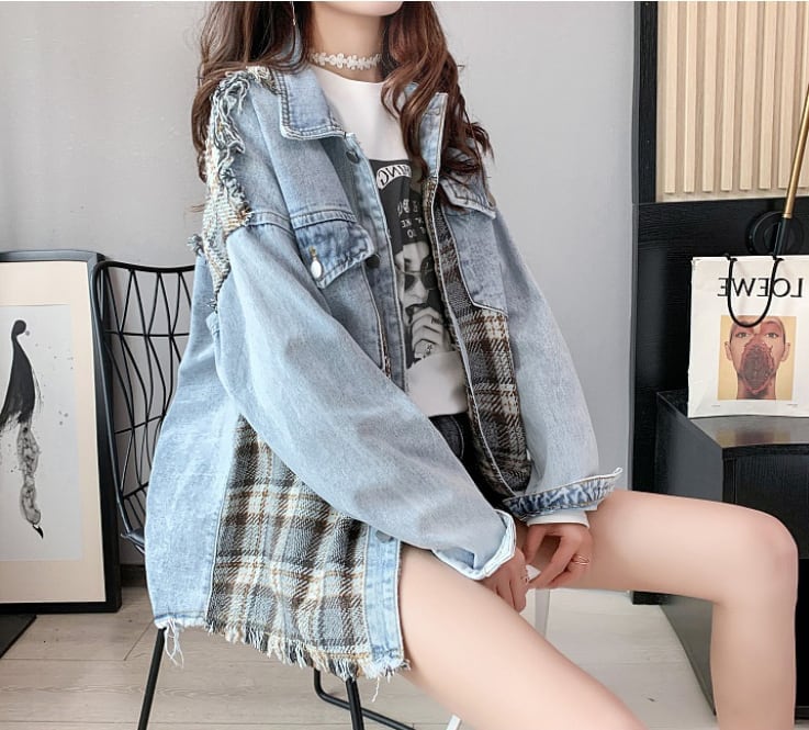 絶対流行 ファッション 活躍する優秀アイテム チェック柄 切り替え デニム Tシャツ E-9264