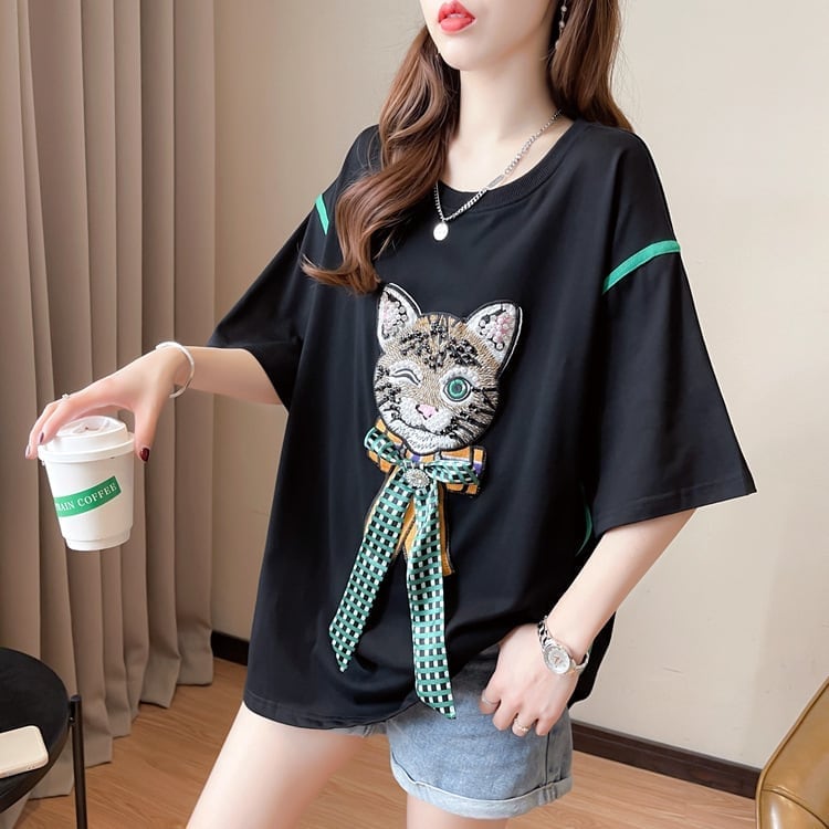 質感のいい 立体のリボン 猫刺繍 ロング Tシャツ ゆったり半袖 ＜ins-2919＞