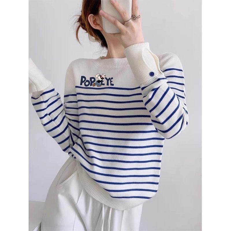 都市ファッショ デザイン オシャレ 気質アップ ストライプ柄 ニットトップスE-9661