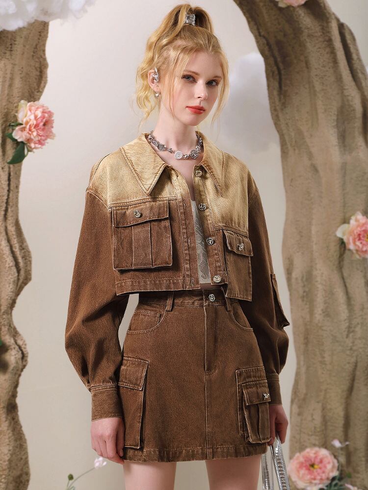 絶対欲しい グラデーション デザイン性抜群 デニム トップスⅹミニスカートセットアップE-9159