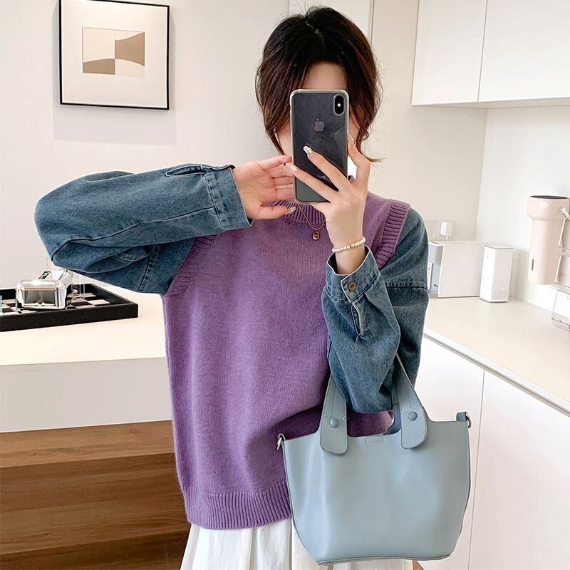 好感度UP レイヤード風 スタイルアップ デニム 切り替え 3色選択 ニットトップスE-9594