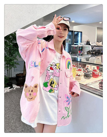 売り切れ必至 韓国風ファッション 上質 アバンギャルド プリント デニム Tシャツ E-9479