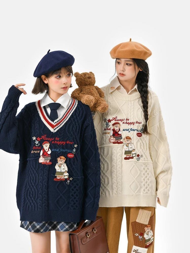 超人気 気質アップ 絶対欲しい Vネック 刺繍 切り替え2色選択 ニットトップスE-9577