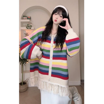 人気爆発中 タッセル 柔らかくて優しい印象 カラーマッチング ニットトップスE-10574