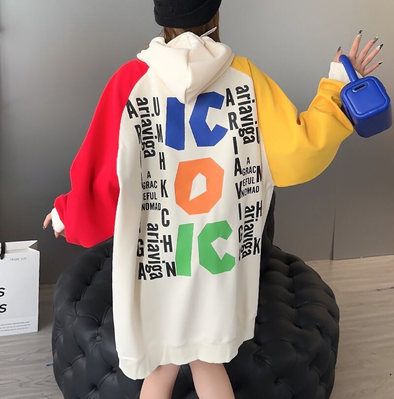 オーバーサイズ カラーマッチング アルファベットプリント フード付き ロングパーカE-4085