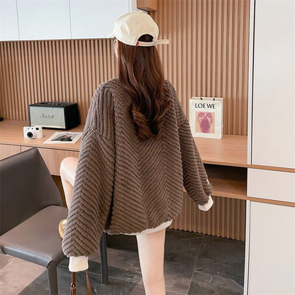 流行新作 美人度アップ 目を奪われる スタイルアップ カジュアル 2色選択 厚手のフリーススウェットシャツE-9822