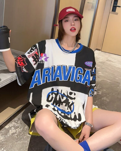 スタイルアップ効果抜群 レース アバンギャルド ダブルプリント全2色 半袖TシャツE-8980