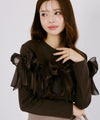 華奢見え チュールリボン フリル 長袖 カットソー F-50200