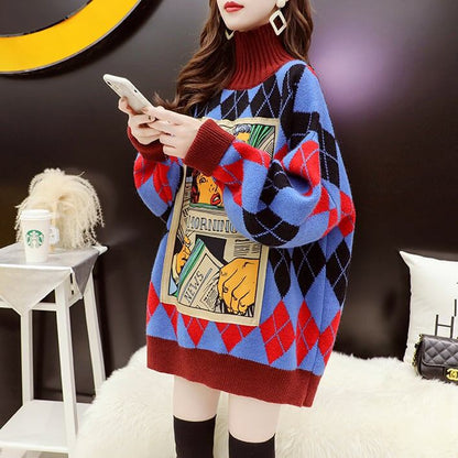 超人気配色チェック柄グラフィックロゴニットセーターハイネック3色ありE-4328