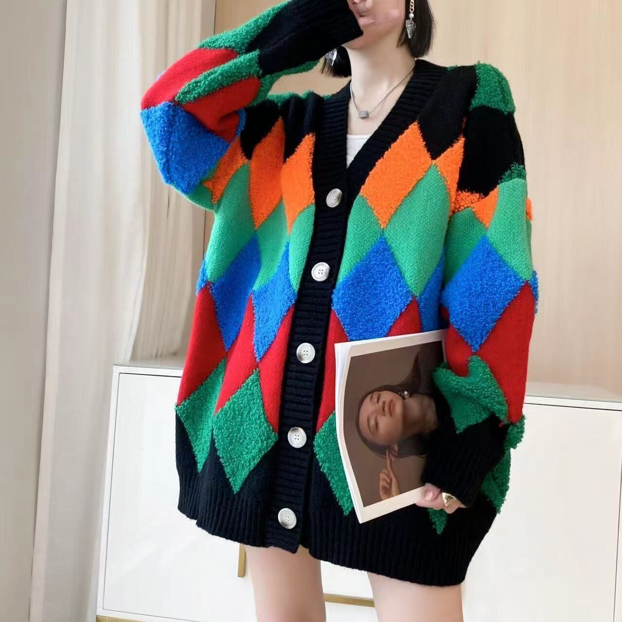 絶対流行 カジュアル スタイルアップ 切り替え 2色選択ニットトップスE-10018