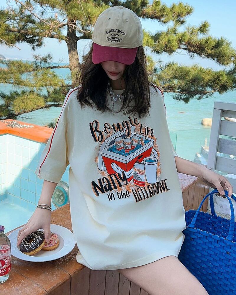 着せ ビッグロゴ ゆったり ロングTシャツ 半袖 ワンピース<ins-4859>