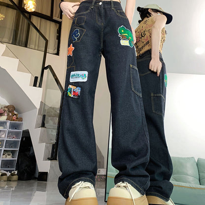 ファッション感満々 着回し力抜群 個性的なデザイン デニム ワイドパンツE-9769