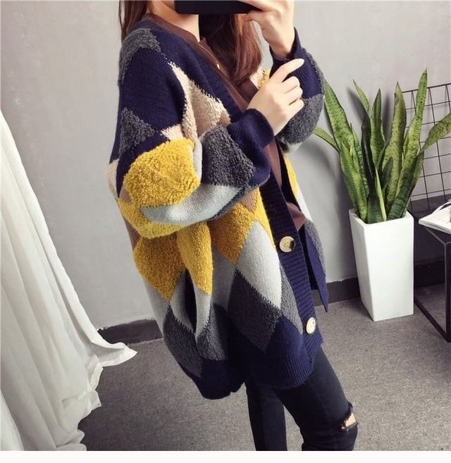 アーガイル オーバーサイズ ボア ニットカーディガン iEf-3833