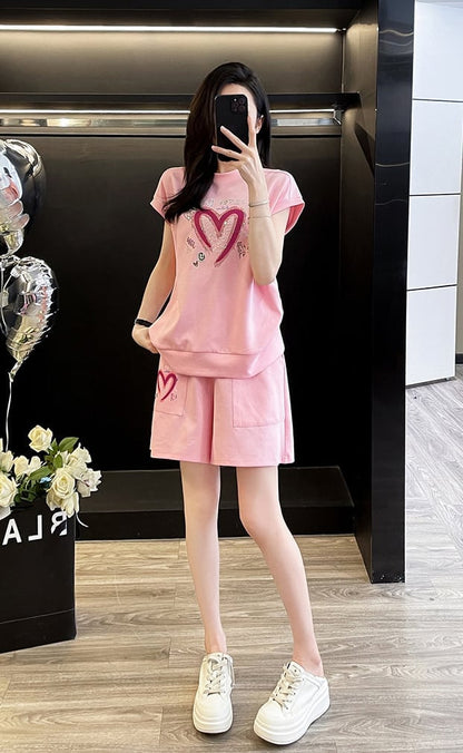 超人気 ホットダイヤモンド カジュアル プリント 半袖Tシャツ ショートパンツ セットアップ E-9215