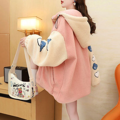 売り切れ必至 カジュアル 快適トップス 刺繍 切り替え 2色選択 ラムフリース コート ボアジャケットE-9766