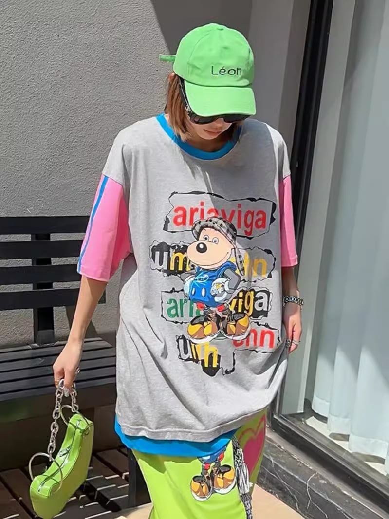 話題沸騰中 カジュアル  ゆったり プリント カラーマッチング 半袖Tシャツ＜ins-8067＞