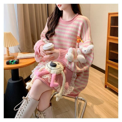 スタイルアップ効果抜群 ストライプ柄 個性的なデザイン 2色選択ニットトップスE-10585