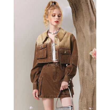 絶対欲しい グラデーション デザイン性抜群 デニム トップスⅹミニスカートセットアップE-9159