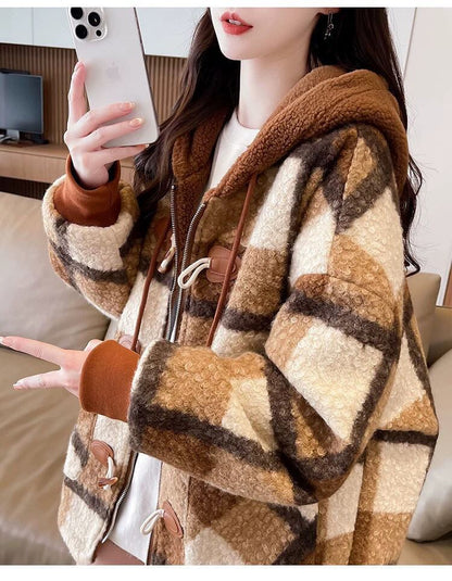 絶対流行 カジュアル 柔らかくて優しい印象 チェック柄 2色選択 ラムフリース コート ボアジャケットE-9854